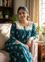 Front Open Cotton Nighty With Buttons, 55 Inches Long, Hakoba Yoke, 3/4th Sleeves- Green