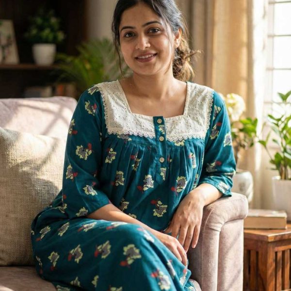 Front Open Cotton Nighty With Buttons, 55 Inches Long, Hakoba Yoke, 3/4th Sleeves- Green