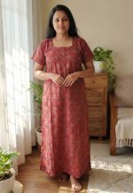 Front Open  Ajrakh Cotton Nighty, 57 Inches Long - Red - Image 2