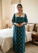 Front Open Cotton Nighty With Buttons, 55 Inches Long, Hakoba Yoke, 3/4th Sleeves- Green - Image 2