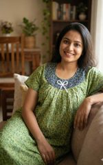 Traditional Cotton Nighty, 55 Inches Length - Green
