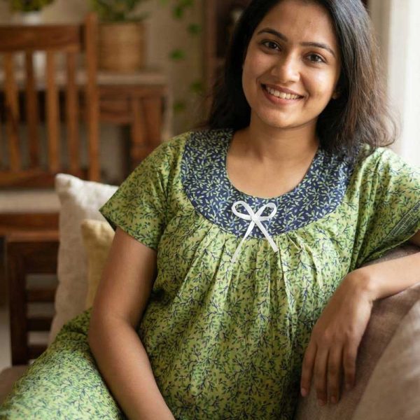 Traditional Cotton Nighty, 55 Inches Length - Green