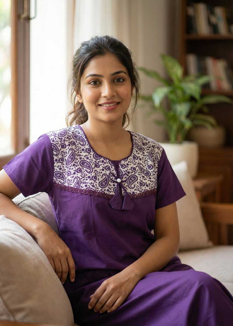D1 Comfortable Churidar Model Cotton Nighty, 55 Inches Long - Violet - Image 1