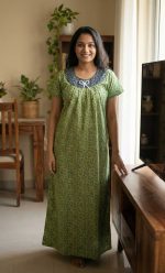 Traditional Cotton Nighty, 55 Inches Length - Green - Image 2