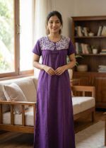Comfortable Churidar Model Cotton Nighty, 55 Inches Long - Violet - Image 2