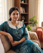 Comfortable Churidar Model Cotton Nighty, 55 Inches Long, 3/4th Sleeves - Blue