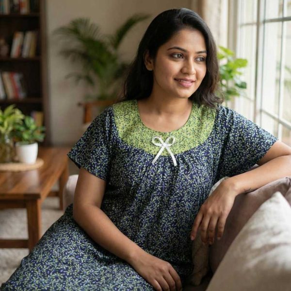 Traditional Cotton Nighty, 55 Inches Length - Black