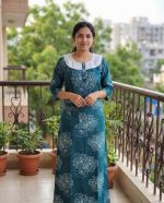 Comfortable Churidar Model Cotton Nighty, 55 Inches Long, 3/4th Sleeves - Blue - Image 2