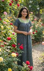 Traditional Cotton Nighty, 55 Inches Length - Black - Image 2