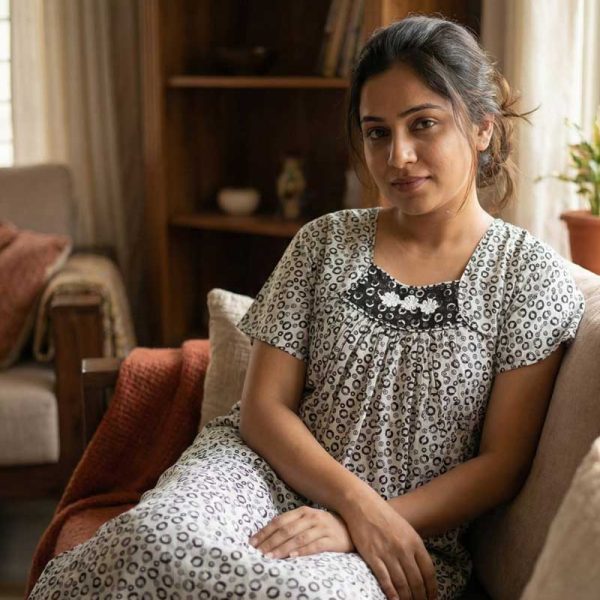 Traditional Cotton Nighty, 55 Inches Length - White