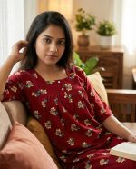 Front Open Cotton Nighty With Buttons, 55 Inches Long, 3/4th Sleeves - Red