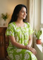 Comfortable Front Open Cotton Nighty With Buttons - 55 inches long - Green