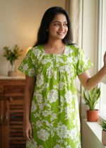 Comfortable Front Open Cotton Nighty With Buttons - 55 inches long - Green - Image 2