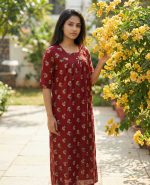 Front Open Cotton Nighty With Buttons, 55 Inches Long, 3/4th Sleeves - Red - Image 2