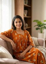 Front Open Cotton Nighty With Buttons, 55 Inches Long, 3/4th Sleeves - Orange