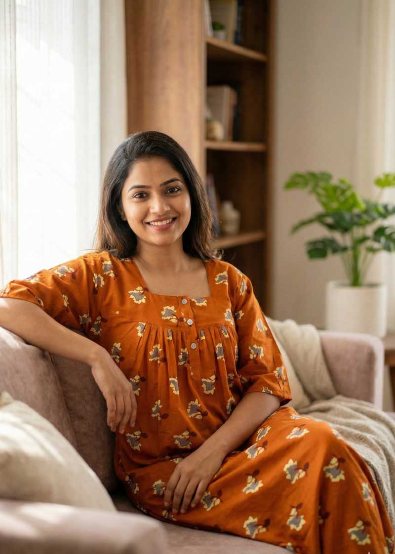 G1 Front Open Cotton Nighty With Buttons, 55 Inches Long, 3/4th Sleeves - Orange - Image 1