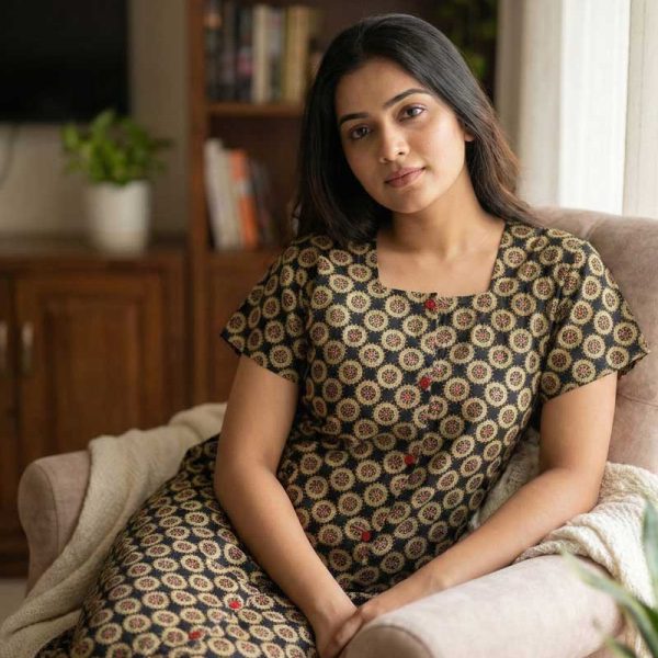 Comfortable Churidar Model Cotton Nighty - 55 Inches Long - Black + Olive Green