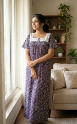 Comfortable Front Open Cotton Nighty With Buttons, Hakoba Yoke - 55 inches long - Dark Blue - Image 2