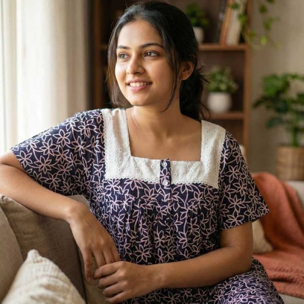 Comfortable Front Open Cotton Nighty With Buttons, Hakoba Yoke - 55 inches long - Dark Blue