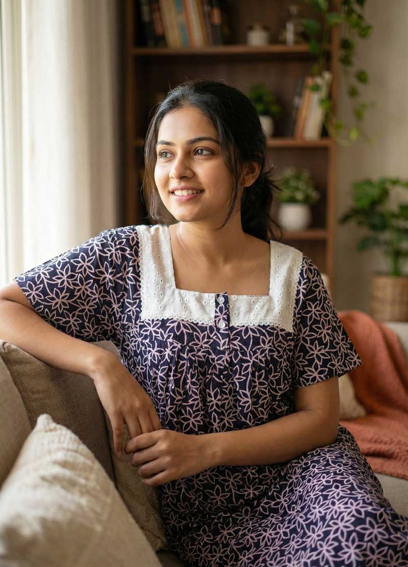 Gemini_Generated_Image_n84iejn84iejn84i Comfortable Front Open Cotton Nighty With Buttons, Hakoba Yoke - 55 inches long - Dark Blue - Image 1