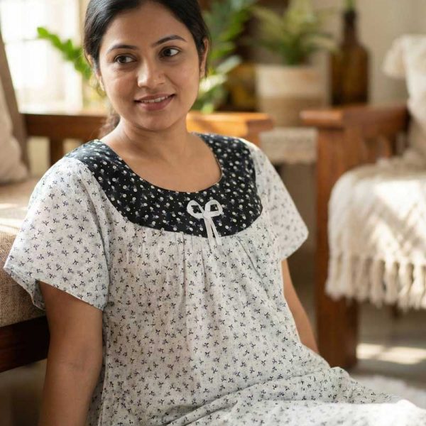 Traditional Cotton Nighty, 55 Inches Length - White + Black