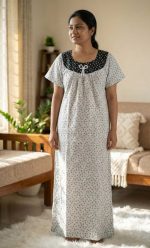 Traditional Cotton Nighty, 55 Inches Length - White + Black - Image 2