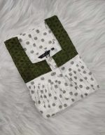 Comfortable Front Open Cotton Nighty With Buttons, Hakoba Yoke - 55 inches long - White & Green - Image 3