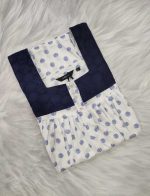 Comfortable Front Open Cotton Nighty With Buttons, Hakoba Yoke - 55 inches long - White & Blue - Image 3