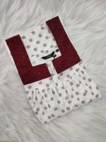 Comfortable Front Open Cotton Nighty With Buttons, Hakoba Yoke - 55 inches long - White & Maroon - Image 3
