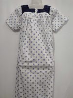 Comfortable Front Open Cotton Nighty With Buttons, Hakoba Yoke - 55 inches long - White & Blue - Image 4