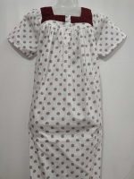 Comfortable Front Open Cotton Nighty With Buttons, Hakoba Yoke - 55 inches long - White & Maroon - Image 4