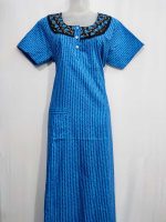 Comfortable Churidar Model Cotton Nighty with Buttons - 55 Inches Long - Blue - Image 4
