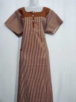 Comfortable Churidar Model Cotton Nighty with Buttons - 57 Inches Long - Brown + White lines - Image 4