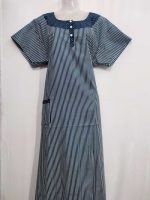 Comfortable Churidar Model Cotton Nighty with Buttons - 57 Inches Long - Blue + White Line - Image 4