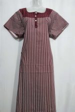 Comfortable Churidar Model Cotton Nighty with Buttons - 57 Inches Long - Maroon + White Lines - Image 4