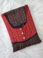Comfortable Front Open Ajrakh Nighty With Buttons - 57 Inches long - Dark Blue + Red - Image 3