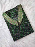 Comfortable Churidar Model Cotton Nighty with Peter-Pan Collar - 55 Inches Long - Black + Green - Image 3