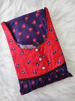 Comfortable Front Open Cotton Nighty With Buttons - 57 Inches long - Blue + Red - Image 3