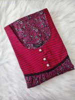 Comfortable Front Open Cotton Nighty With Buttons - 57 Inches long - Black + Magenta - Image 3