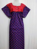 Comfortable Front Open Cotton Nighty With Buttons - 57 Inches long - Blue + Red - Image 4