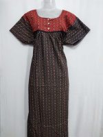 Comfortable Front Open Ajrakh Nighty With Buttons - 57 Inches long - Dark Blue + Red - Image 4