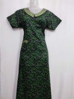 Comfortable Churidar Model Cotton Nighty with Peter-Pan Collar - 55 Inches Long - Black + Green - Image 4