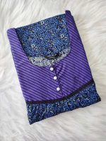 Comfortable Front Open Cotton Nighty With Buttons - 57 Inches long - Black + Blue - Image 3