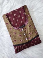 Comfortable Front Open Cotton Nighty With Buttons - 57 Inches long - Maroon + Chocolate Brown - Image 3