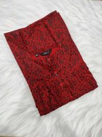 Comfortable Front Open Cotton Nighty With Buttons - 55 inches long - Red - Image 4