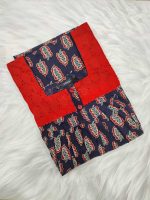 Front Open  Ajrak Cotton Nighty With Buttons, 55 Inches Long, Square Hacoba Neck - Dark Blue - Image 3