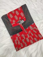 Front Open  Ajrak Cotton Nighty With Buttons, 55 Inches Long, Square Hacoba Neck - Red - Image 4