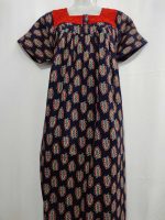 Front Open  Ajrak Cotton Nighty With Buttons, 55 Inches Long, Square Hacoba Neck - Dark Blue - Image 4