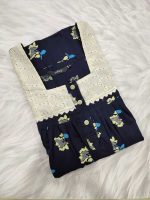 Front Open Cotton Nighty With Buttons, 55 Inches Long, Hakoba Yoke, 3/4th Sleeves - Blue - Image 3