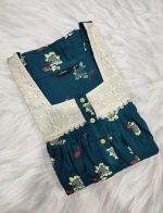 Front Open Cotton Nighty With Buttons, 55 Inches Long, Hakoba Yoke, 3/4th Sleeves- Green - Image 3